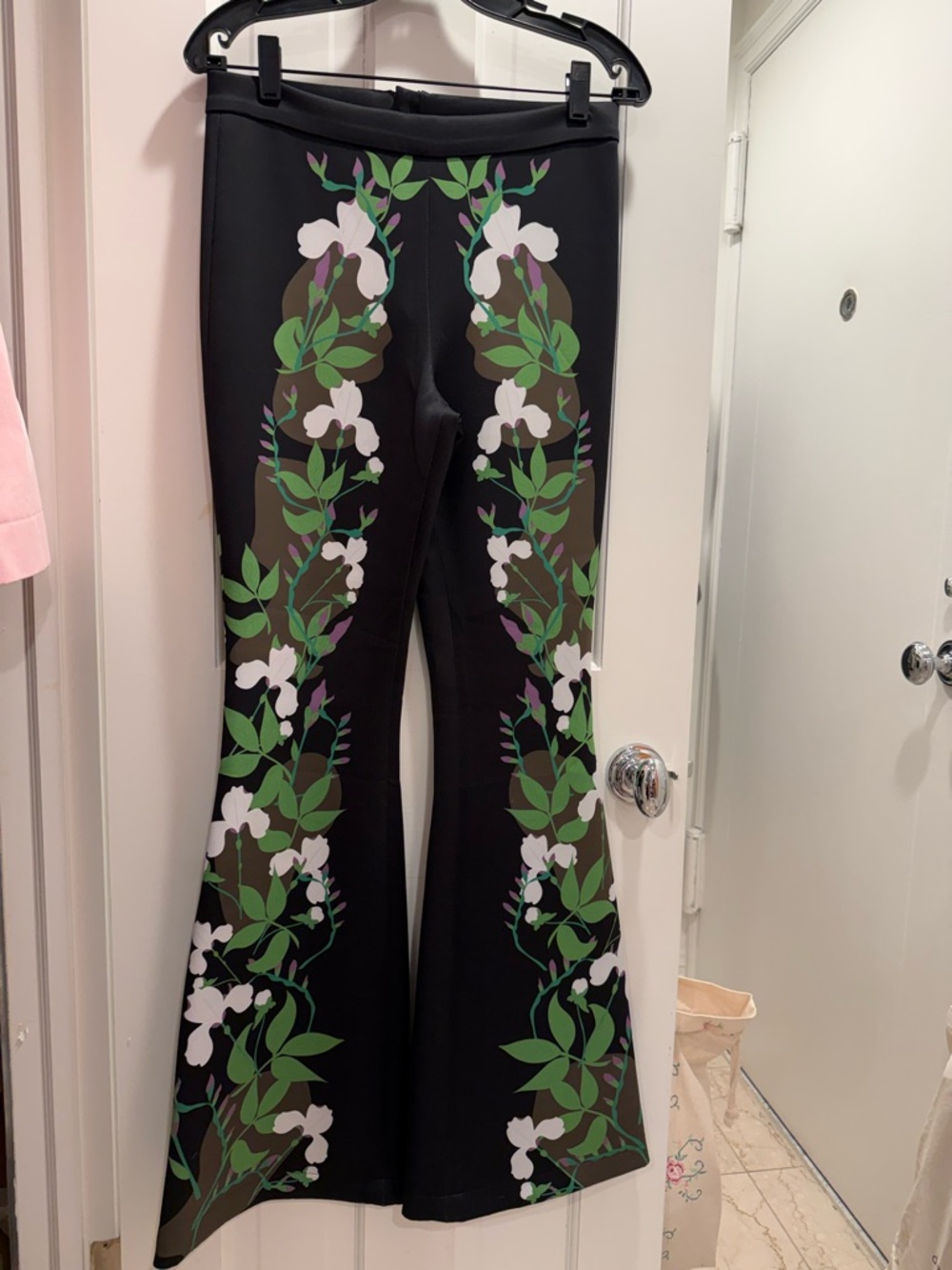 Cynthia Rowley Black Flared Pants with Green & White Floral Print